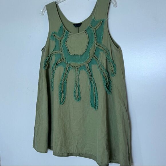 Peacock Ways Linen Tunic Medium Collage Patches Lagenlook Sleeveless Top Boho - Picture 3 of 8